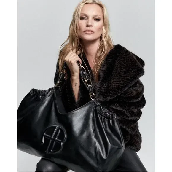 Anine Bing Kate Embossed Large Black Lamb Leather Boho Shoulder Tote - Picture 1 of 15